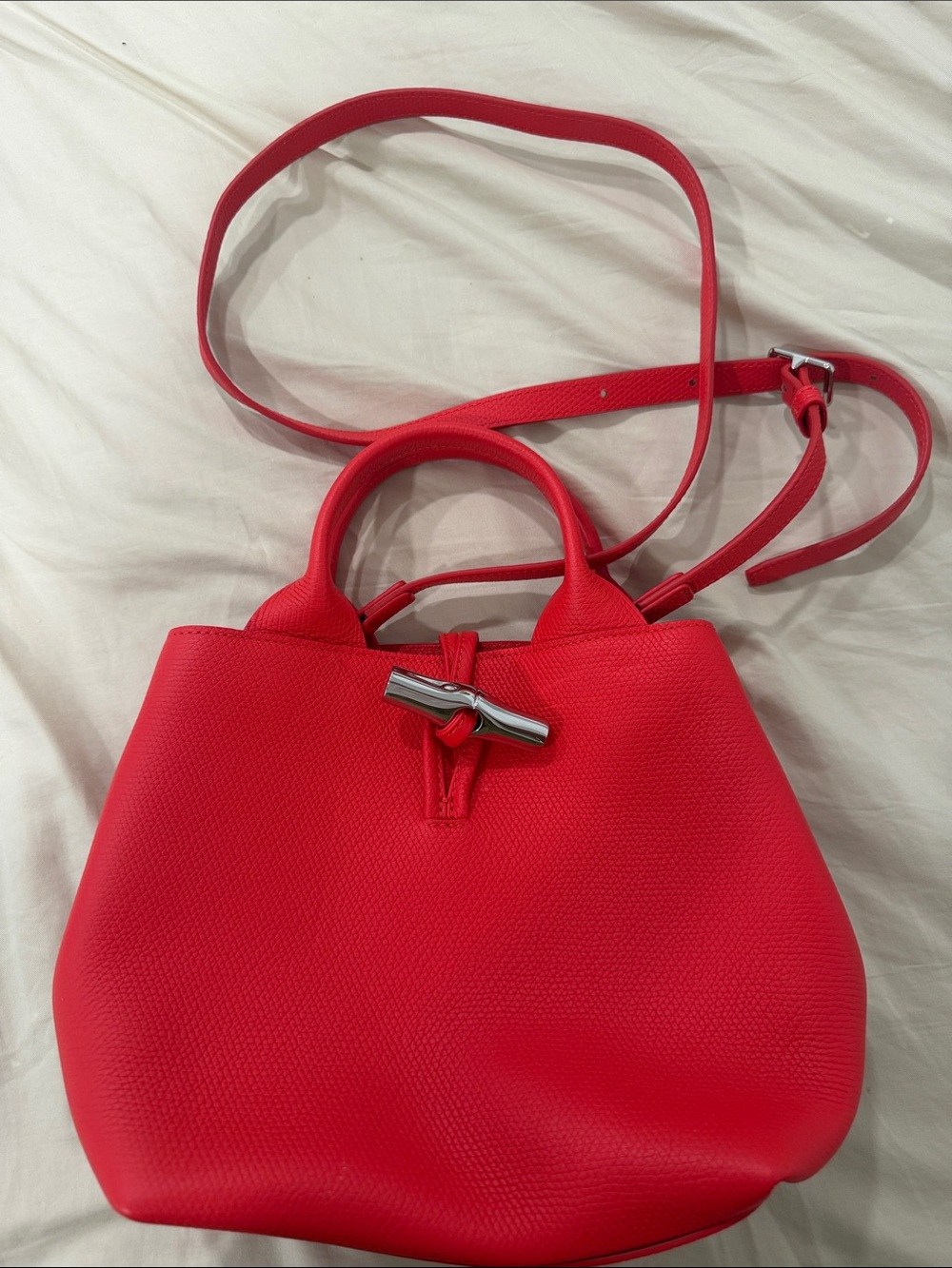Longchamp Red Pebbled Leather Convertible Shoulder Bag